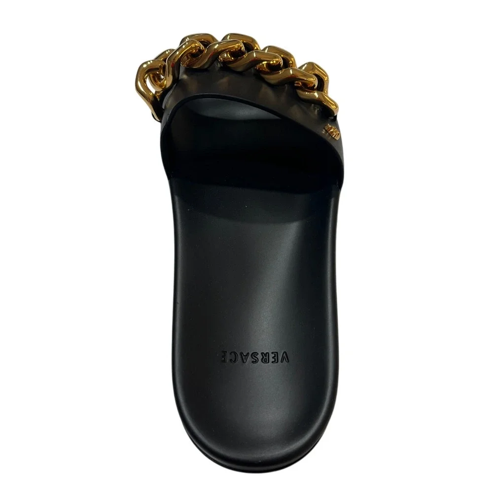 Black Slide Sandals with Gold Chain Accent